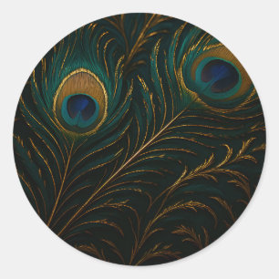 Sticker Rond Plumes de paon luxueuses motif sarcelle doré