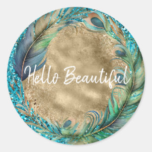 Sticker Rond Plumes de paon Parties scintillant bleu turquoise