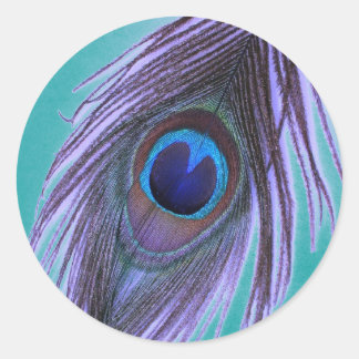 Sticker Rond Plumes de paon violet sur Turquoise
