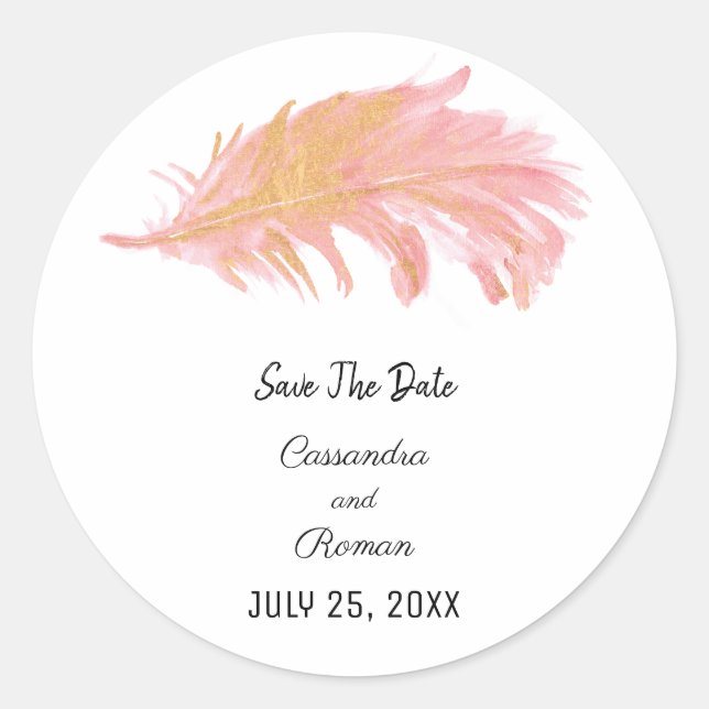 Sticker Rond Plumes rose et or Enregistrer la date (Devant)