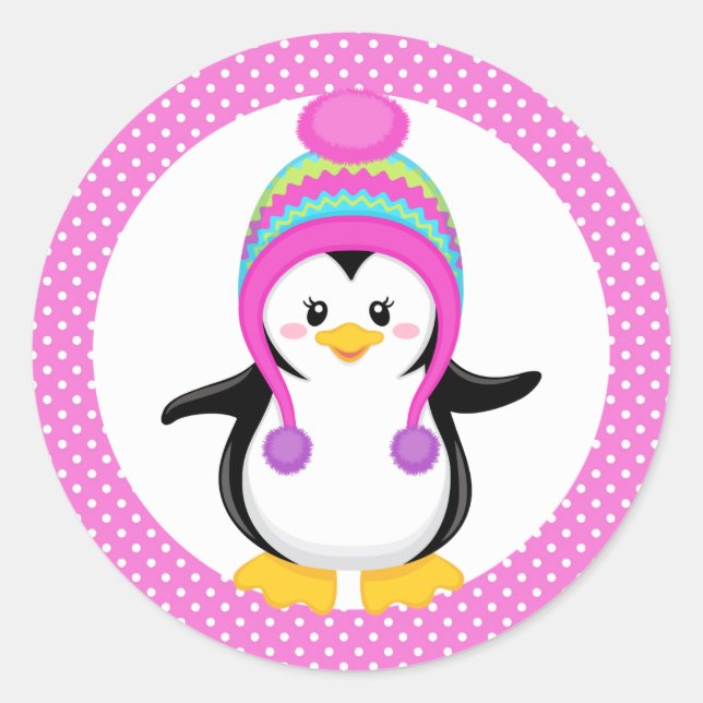 Sticker Rond Pneuka rose point hiver Pingouin fille (Devant)