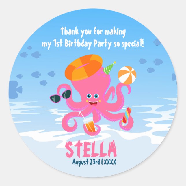 Sticker Rond Poctopus rose été petite fille fête d'anniversaire (Devant)