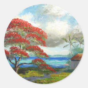 Sticker Rond Poinciana royal et palmiers