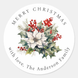 Sticker Rond Poinsettia aquarelle houx baies rouges Noël