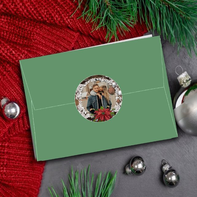 Sticker Rond Poinsettia Bauble | Photo des fêtes de Noël (Créateur téléchargé)