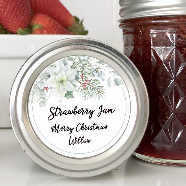 Sticker Rond Poinsettia Blanc Pot Mason Maison Vide (White Poinsettia Blank Homemade Mason Jar Classic Round Sticker)