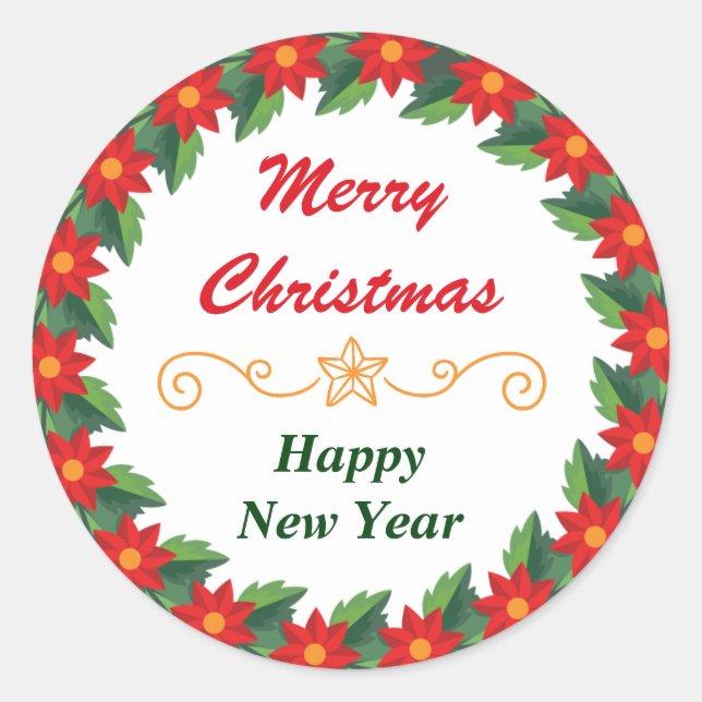 Sticker Rond Poinsettia Bordure Joyeux Noël (Devant)