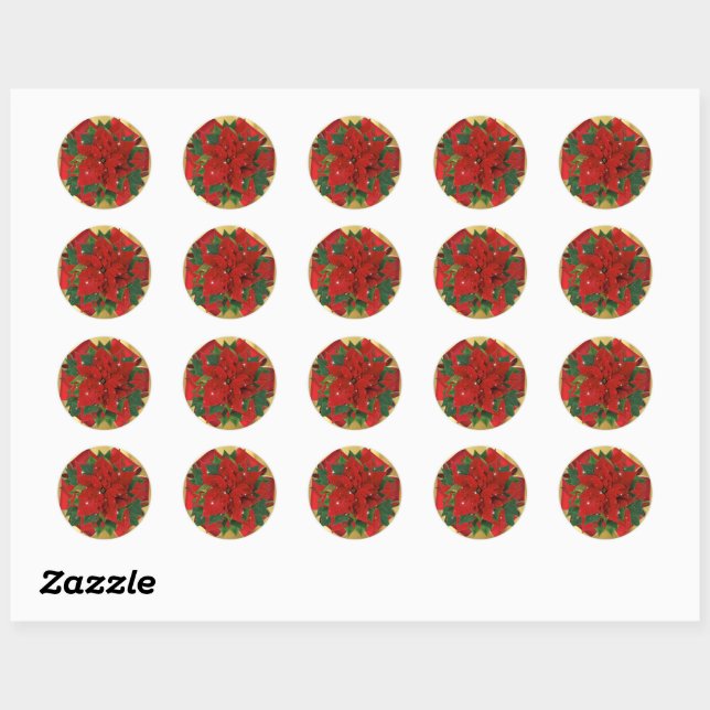 Sticker Rond Poinsettia Bow Rouge et or Noël (Feuille)
