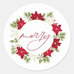 Sticker Rond Poinsettia Fleur et Pin Rond Merry