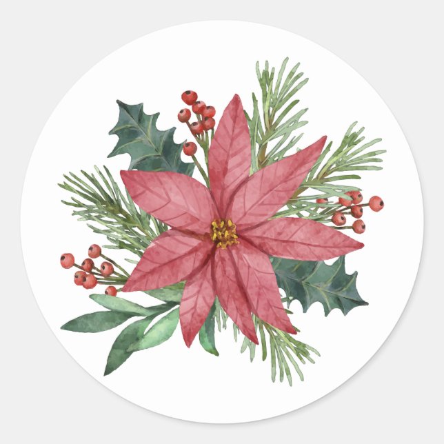 Sticker Rond Poinsettia hiver Rouge Floral Joyeux Noël (Devant)