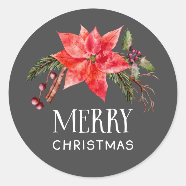 Sticker Rond Poinsettia Joyeux Noël Botanique (Devant)