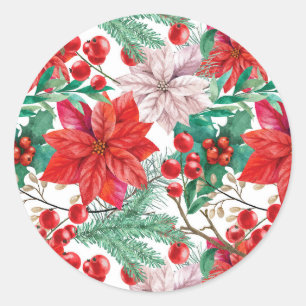 Sticker Rond Poinsettia, Pine Boughs et Red Berries