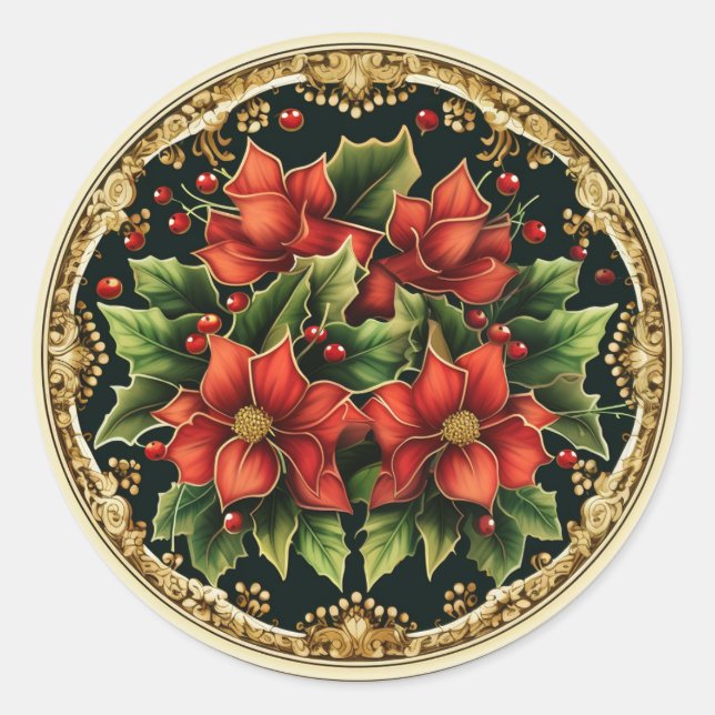 Sticker Rond Poinsettia scintillant de houx et de lierre (Devant)