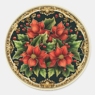 Sticker Rond Poinsettia scintillant de houx et de lierre