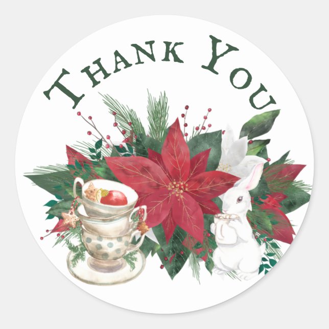 Sticker Rond Poinsettia Teacups Rabbit Merci de Noël (Devant)