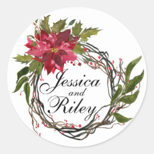 Sticker Rond Poinsettia Wreath Feuilles & Berries Monogramme