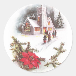 Sticker Rond Poinsettias et Noël de cru d'église de pays