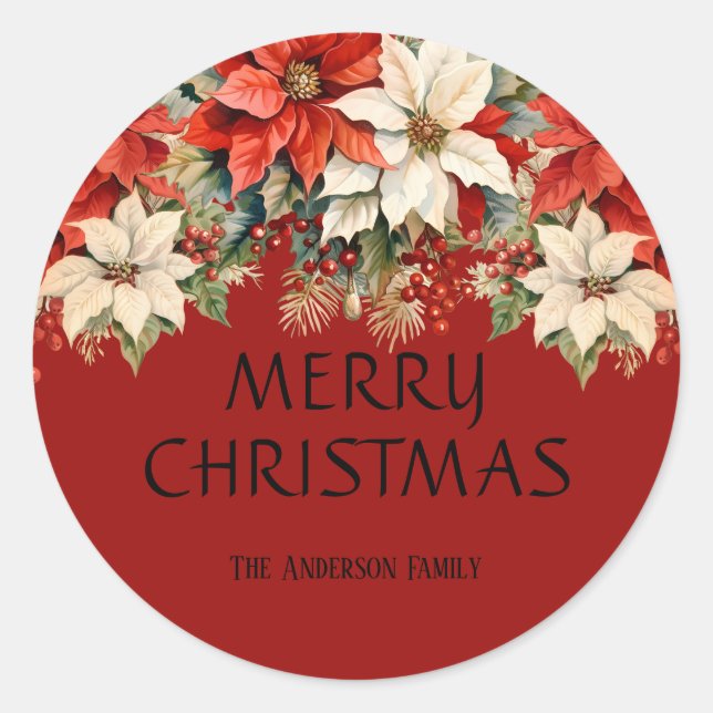 Sticker Rond Poinsettias Joyeux Noël (Devant)