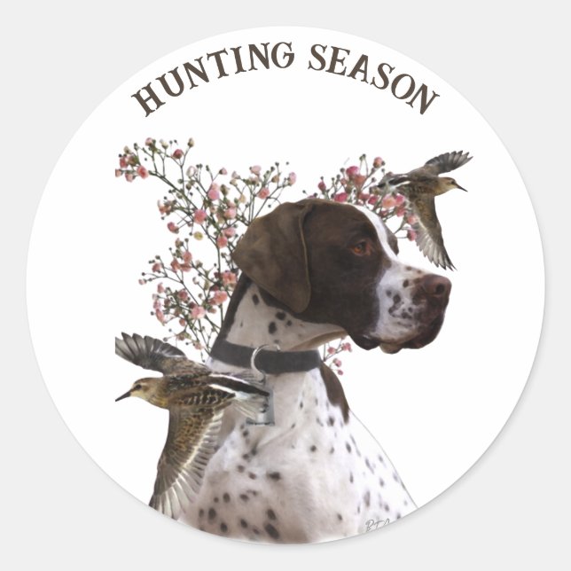 Sticker Rond Pointeur anglais, chasse aux oiseaux (Devant)