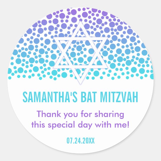 Sticker Rond Points Confetti Purple Bat mitzvah Turquoise Favor (Devant)