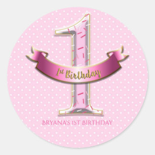 Sticker Rond Points roses et bannière ONE 1er 1er anniversaire