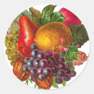 Sticker Rond Poire vintage, raisin, citron, pomme et noix