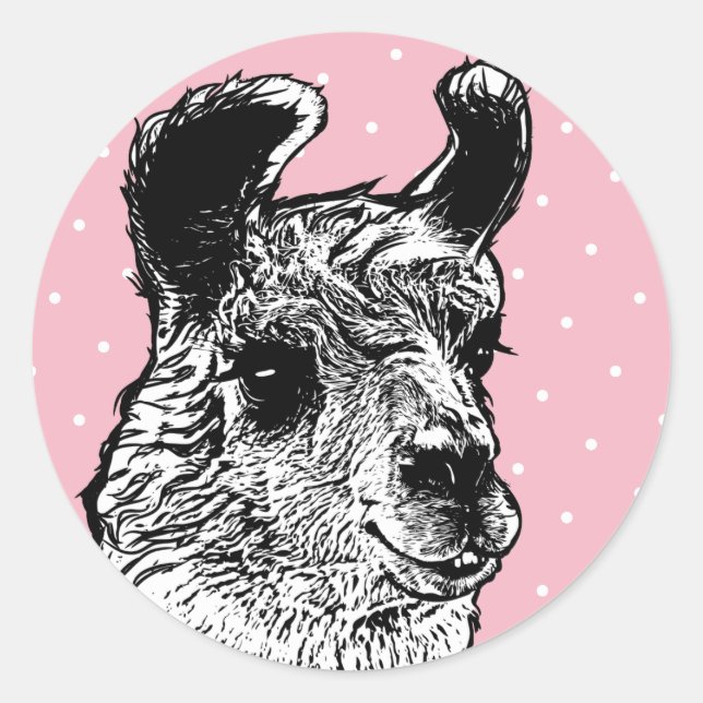Sticker Rond Pois blancs et noirs tendance Llama (Devant)
