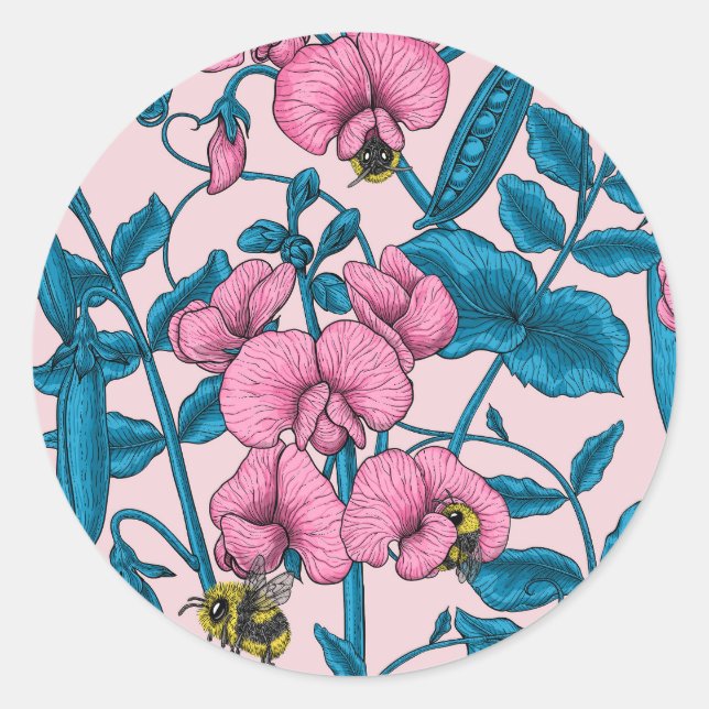 Sticker Rond Pois doux et bourdons, rose et bleu (Devant)