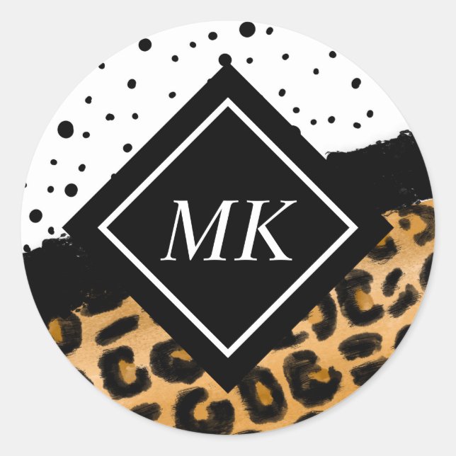 Sticker Rond Pois léopard et noir et blanc Monogramme (Devant)