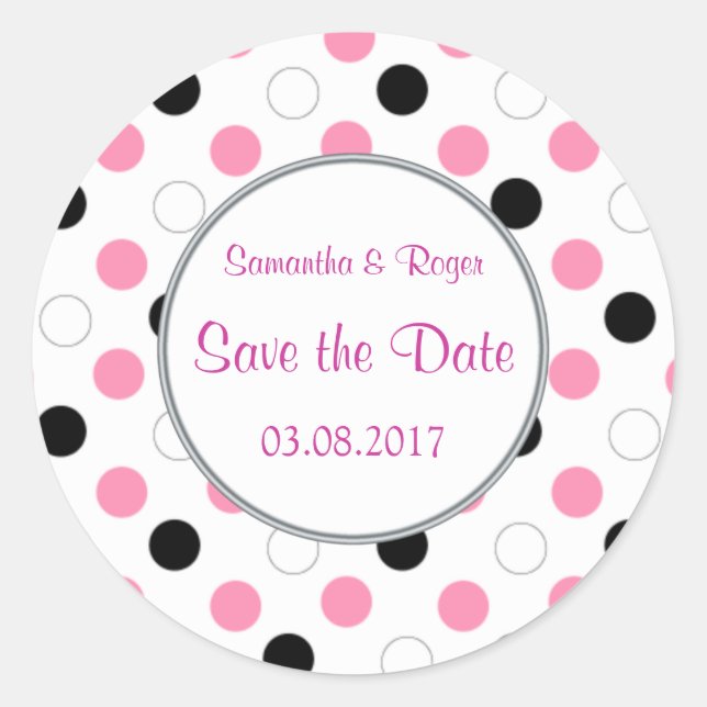Sticker Rond Pois noirs, roses, blancs Enregistrer la date (Devant)