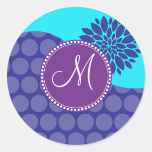 Sticker Rond Pois pourpre turquoise d'initiale faite sur
