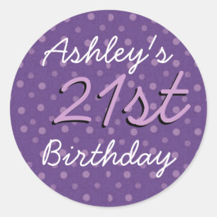 Sticker Rond Pois pourpres 21e anniversaire Nom personnalisé