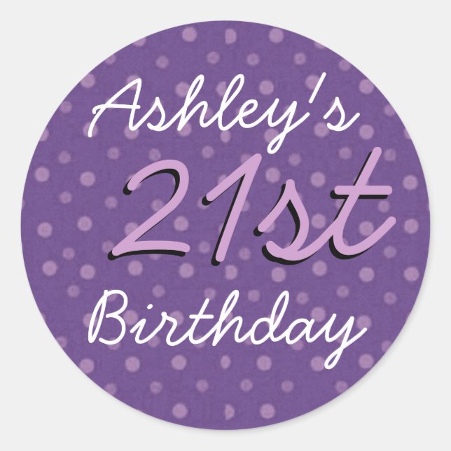 Sticker Rond Pois pourpres 21e anniversaire Nom personnalisé (Devant)