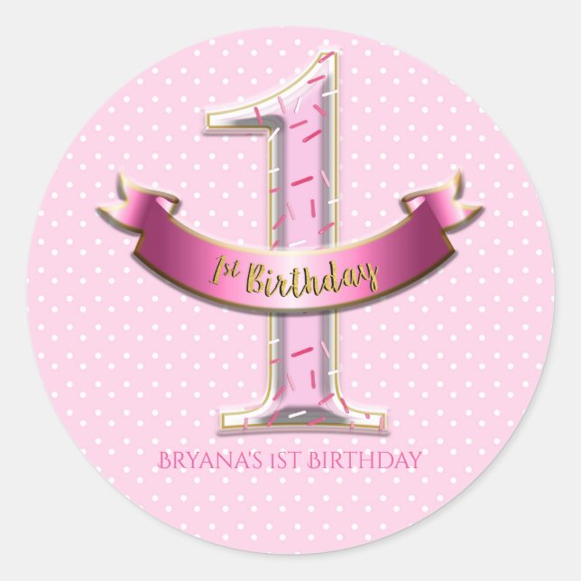Sticker Rond Pois roses et bannière ONE 1er 1 fête d'anniversai (Devant)