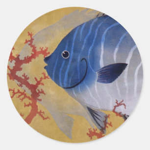 Sticker Rond Poisson bleu tropical Vieille illustration de la v
