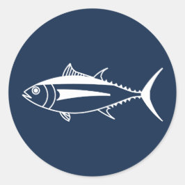 Sticker Rond Poisson de thon d'Albacore en blanc sur bleu marin