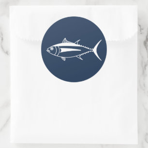 Sticker Rond Poisson de thon d'Albacore en blanc sur bleu marin