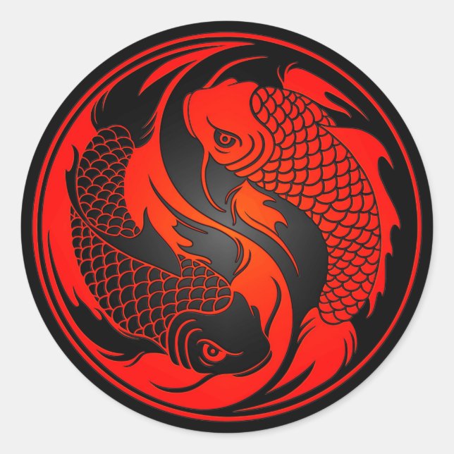 Sticker Rond Poisson Yin Yang Koi rouge et noir (Devant)