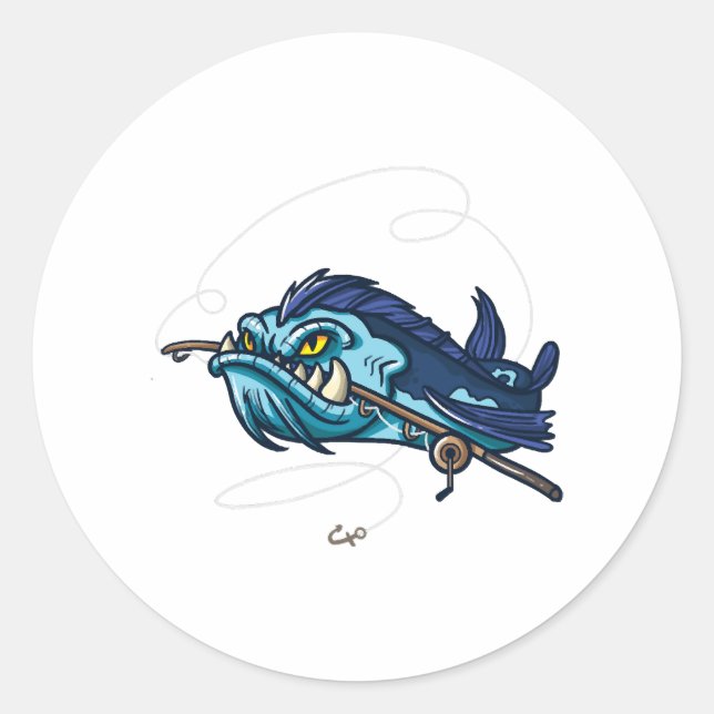 Sticker Rond Poissons en colère poisson avec du bâton (Devant)