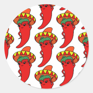 Sticker Rond Poivron Kawaii Rouge Sombrero Mexicain 