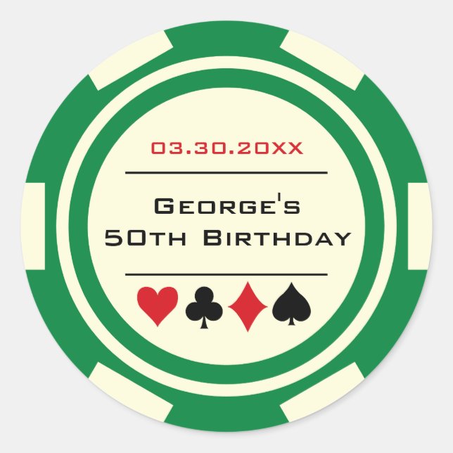 Sticker Rond Poker Chip Casino Anniversaire Blanc Rouge Vert (Devant)