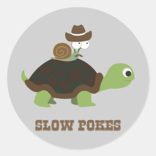 Sticker Rond Pokes lents - escargot cowboy et tortue