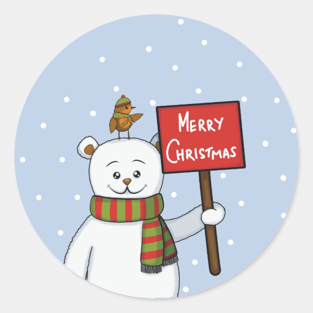Sticker Rond Polar Bear and Robin Christmas Greeting (Devant)