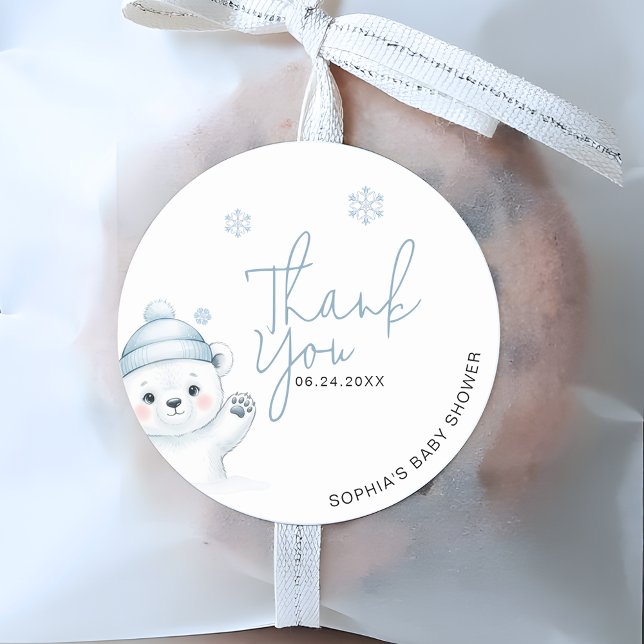 Sticker Rond Polar Bear Winter Baby Shower Thank You (Créateur téléchargé)