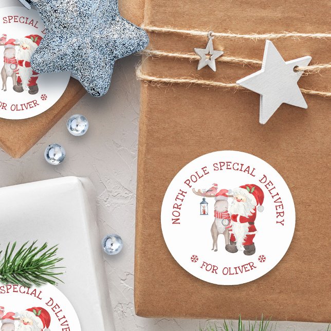 Sticker Rond Pôle Nord Livraison spéciale jolie Père Noël & Rei (North Pole Special Delivery santa sticker - personalized with child's name)