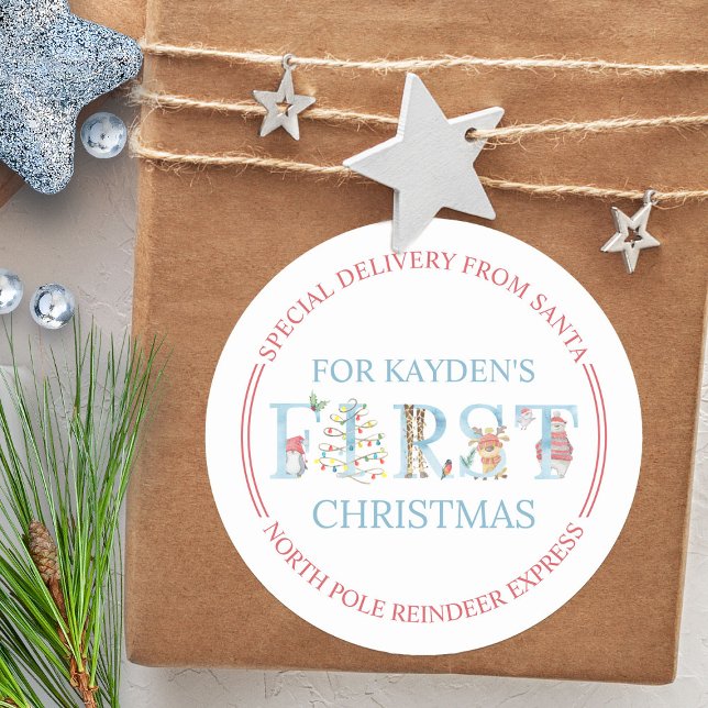 Sticker Rond Pôle Nord Livraison spéciale mignon Premier Noël (Baby Boy's first christmas special delivery from Santa on the North Pole Reindeer Express)