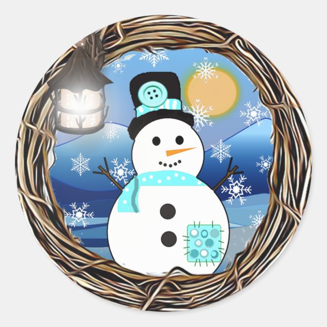 Sticker Rond Pôle Nord Snowman Pleine lune Noël (Devant)