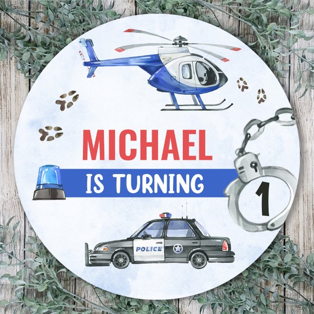 Sticker Rond Police Boy 1er anniversaire fête (Créateur téléchargé)