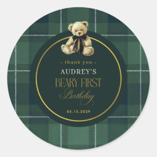 Sticker Rond Polo Tartan Vert Teddy Beary 1er Anniversaire