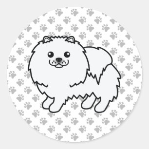 Sticker Rond Pomeranian Blanc Chien de Dessin Animé Mignon & Pa